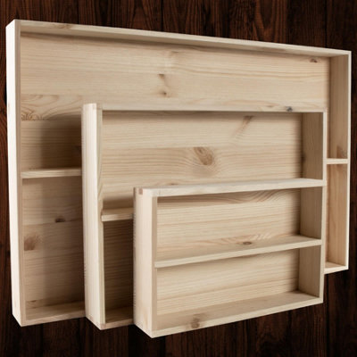 Woodeedoo Set Of 3 Wall Mounted 2 Tier Shallow Wooden Display Shelves Unfinished Pine For Craft Decoration Miniatures Storage Use from B&Q