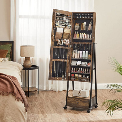 Songmics Mirrored Jewellery Cabinet Rustic Brown Floor Standing Lockable Jewellery Armoire from B&Q