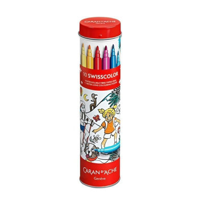 B&Q -  Caran D'ache Swisscolor 10 Assorted Water Soluble Fibre Felt Pens + Poster In Metal Cylinder