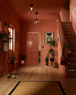 A corridor with stairs and light terracotta walls with pictures on the walls and potted plants on the floor.