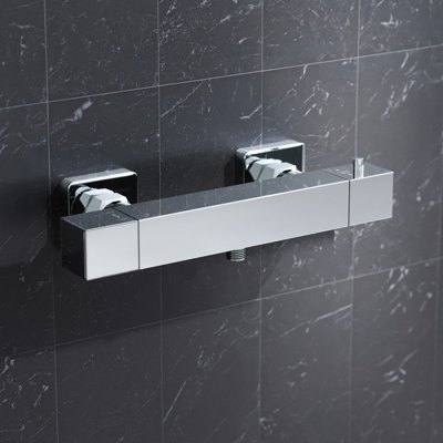 Nes Home Square Chrome Thermostatic Shower Bar Valve Single Outlet Wall Mounted Size 38