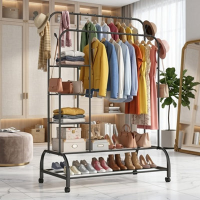  - Clothes Rail Black Metal Garment Rack Double Hanging Rails Shoe Rack Shelves