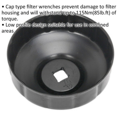 76mm Oil Filter Cap Wrench - 12 Flutes - 3/8" Sq Drive - Low Profile Design
