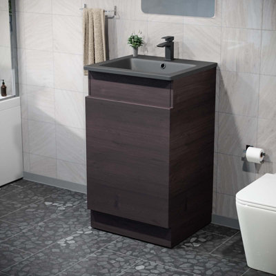 Nes Home 485mm Left Hand Dark Oak Vanity Unit With Black Resin Basin from B&Q