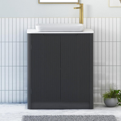 B&Q -  Avenza 700mm Matt Obsidian Black Floor Standing Bathroom Vanity Unit 2 Door With Qubix Basin