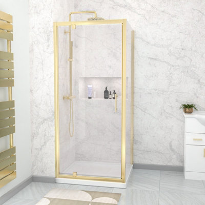 Nes Home Brushed Brass 760 X 760mm Pivot Door Shower Enclosure Panel & Tray from B&Q
