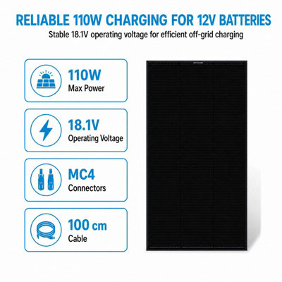 B&Q -  110W Solar Panel Monocrystalline Perc All Black20.13% Efficiency With Mc4 For 12V Caravan Motorhome Boat Off-Grid