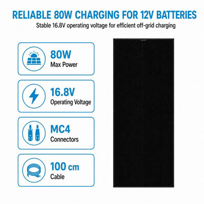 B&Q -  80W Narrow Solar Panel Monocrystalline Perc All Black405mm Width With Mc4 For 12V Caravan Boat Motorhome Off-Grid