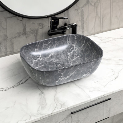 7840 Ceramic Oblong Countertop Basin in Black Marble Effect