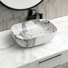 7840 Ceramic Oblong Countertop Basin in White Marble Effect