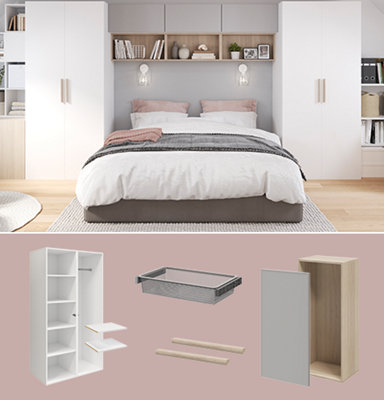 A beautiful bedroom showcasing the Atomia range. Fitted wardrobes with flexible shelves and fittings.