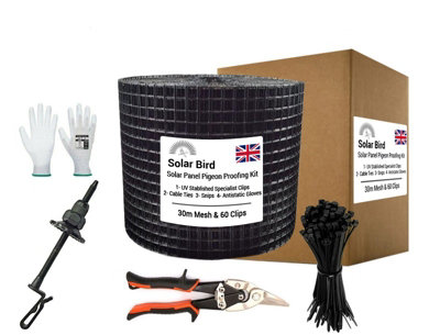 Solar Bird Solar Panel Bird Proofing Mesh Kit 30M X 200mm Pvc-Coated With 60 Clips 50 Snip Ties And Anti Static Gloves