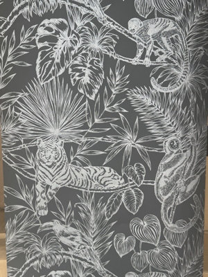 B&Q -  Holden Decor Jungle Theme Lion Monkey Apep Charcoal Wallpaper 49210
