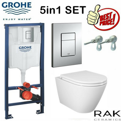 Rimless Toilet Wall Hung Pan Rak Ceramics Slim Seat & Grohe Frame Chrome Flush Plate from B&Q