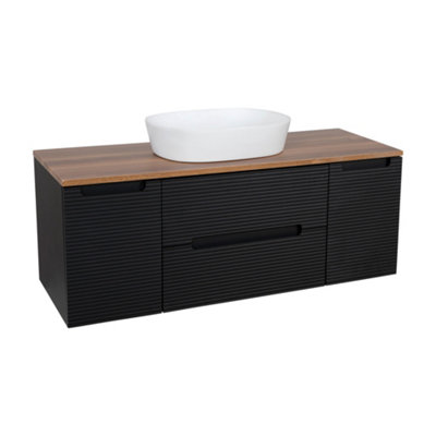 Monza Black And Walnut Fluted Wall Hung Vanity Drawer Basin 1200mm from B&Q