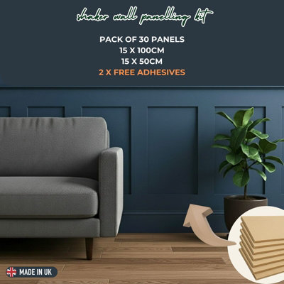  - 30 Pack Shaker Mdf Wall Panel KitPaintable Moisture-Resistant Hdf With 15 X 100Cm And 15 X 50Cm Slats Includes 2 Free Adhesives