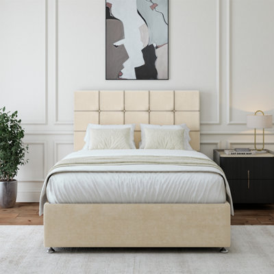 B&Q -  Cream Luxury Velvet 4 Drawer Divan Base And Square Headboard Super King