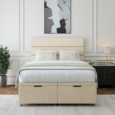 B&Q -  Cream Luxury Velvet Ottoman Divan Base And Lined Headboard Super King