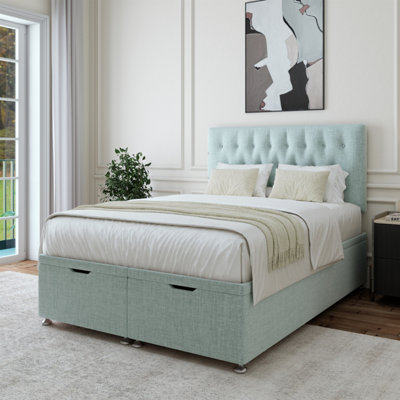 B&Q -  Duck Egg Linen Ottoman Divan Base And Button Headboard Small Double