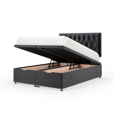 B&Q -  Graphite Plush Velvet Ottoman Divan Base And Button Headboard Double