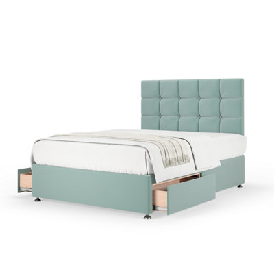 Bedmaster Duckegg Plush Velvet 2 Drawer Divan Base And Square Headboard Double Green/Blue/Silver