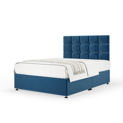 Bedmaster Marine Plush Velvet Divan Base And Square Headboard Super King Blue