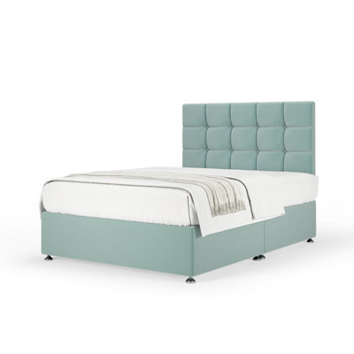 Bedmaster Duckegg Plush Velvet Divan Base And Square Headboard Single Green/Blue/Silver