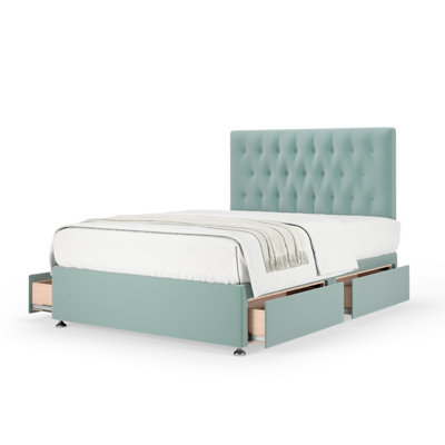 Bedmaster Duckegg Plush Velvet 4 Drawer Divan Base And Button Headboard Double Green/Blue/Silver