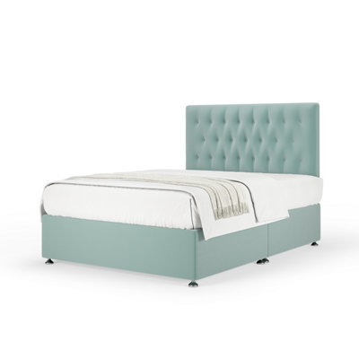 Bedmaster Duckegg Plush Velvet Divan Base And Button Headboard Single Green/Blue/Silver