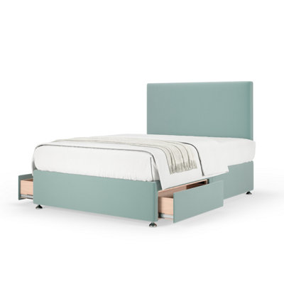 Bedmaster Duckegg Plush Velvet 4 Drawer Divan Base And Plain Headboard Double Green/Blue/Silver
