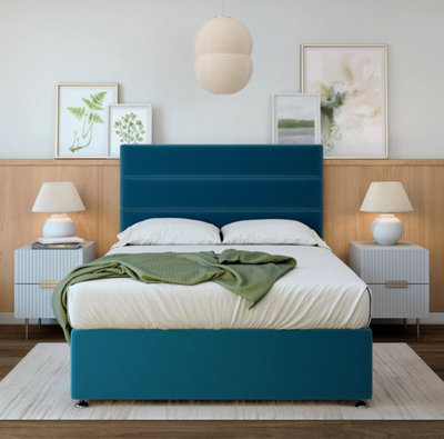 B&Q -  Marine Blue Plush Velvet 4 Drawer Divan Base And Lined Headboard King Size