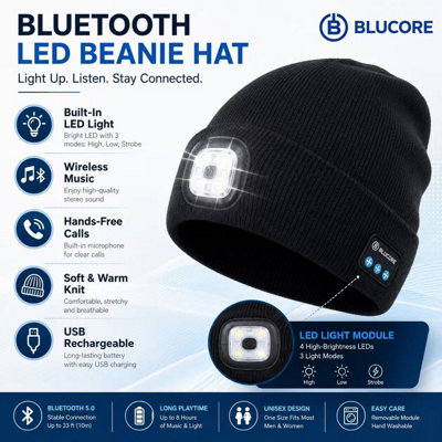 B&Q -  Black Bluetooth Led Beanie Hat With Rechargeable Removable Light