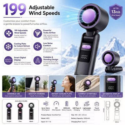 B&Q -  Portable Handheld FanFoldable Desk Fan With Cooling Plate100 Adjustable SpeedsLed Digital DisplayRechargeable