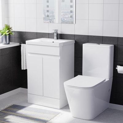 Nes Home 500Mm Gloss White Basin Vanity Unit & Rimless Close Coupled Toilet Set - Image 3