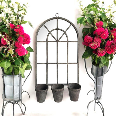 78CM RUSTY WALL MIRROR WITH TRIPLE PLANTER