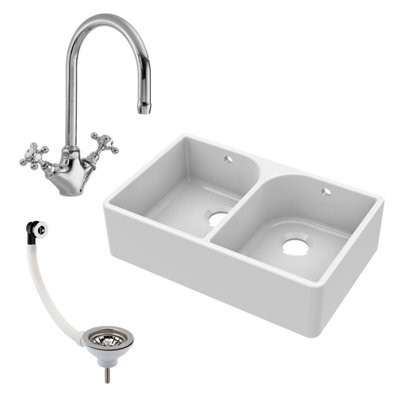 795mm - Double Bowl Fireclay Butler Kitchen Sink -  Full Weir, Mono Mixer Tap & Wastes