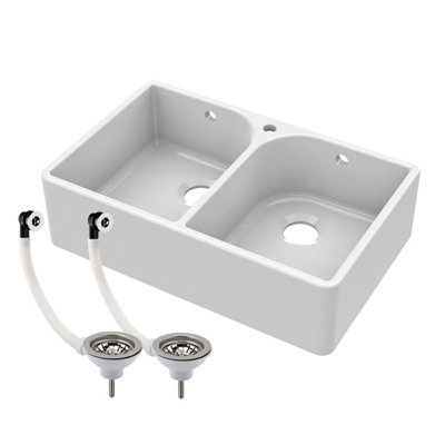 795mm - Double Bowl Fireclay Butler Kitchen Sink -  Full Weir, Tap Hole & Wastes