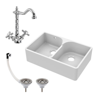 795mm - Double Bowl Fireclay Butler Kitchen Sink - Stepped Weir, Classic Tap & Wastes