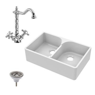 795mm - Double Bowl Fireclay Butler Kitchen Sink - Stepped Weir, Classic Tap  & Waste