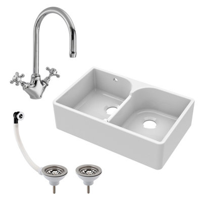 795mm - Double Bowl Fireclay Butler Kitchen Sink - Stepped Weir, Mixer Tap & Wastes