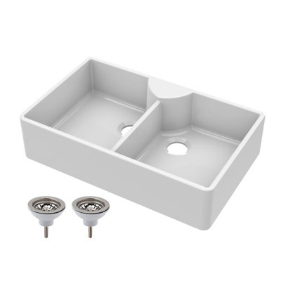 795mm - Double Bowl Fireclay Butler Kitchen Sink - Stepped Weir, Tap Ledge  & Wastes