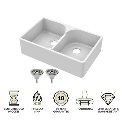 795mm - Double Bowl Fireclay Butler Kitchen Sink - Stepped Weir & Wastes