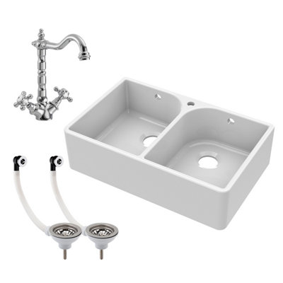 795mm - Double Bowl Fireclay Butler Kitchen Sink -  Tap Hole, Weir & Waste