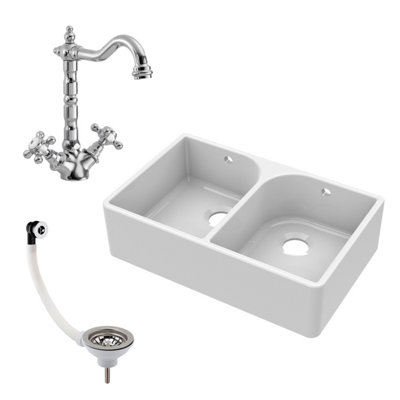 795mm - Double Bowl Fireclay Butler Kitchen Sink -  Weir, French Classic Tap & Wastes