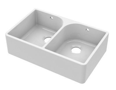 795mm - Double Bowl Full Weir Butler Kitchen Sink - with Overflow,  No Tap Hole