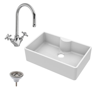 795mm - Fireclay 1 Bowl Butler Kitchen Sink - Mono Mixer Tap, Tap Ledge & Waste