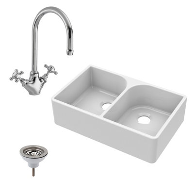 795mm - Fireclay Double Bowl Full Weir Butler Kitchen Sink -  Mono Mixer Tap & Waste