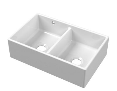 795mm - Fireclay Kitchen Double Bowl Butler Sink - Stepped Weir,  Overflow