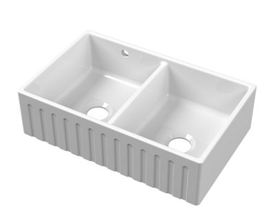 795mm - Fireclay Kitchen Double Bowl Fluted Front Butler Sink - Stepped Weir