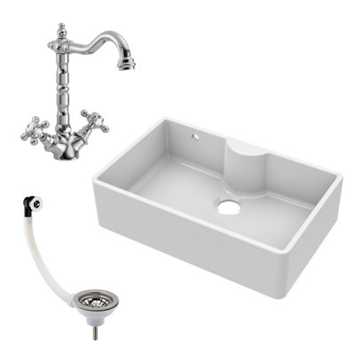 795mm - Single Bowl Fireclay Butler Kitchen Sink -  Ledge, French Classic Tap & Waste